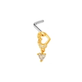 Close-up of L-shaped nose stud with heart-shaped Lock Me design and zircon stone dangle - LOCK ME Text Heart Pendant Style (24081003-8)