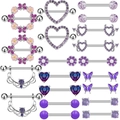 Set van 9 paar paarse en zilveren tepelpiercings van roestvrij staal met kristal en bloem - Paarse Serie 9 Paren Collectie (24062102-11)