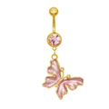 Golden belly button ring with pink faceted gem and elegant butterfly dangle pendant - Pink Butterfly Style (24062502-1)