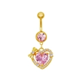 Gold belly ring featuring pink heart crystal and butterfly accent on white background - Pink Heart Bow Style (24062502-3)