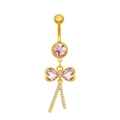 Golden belly button ring featuring pink heart stones and a sparkling bow tassel - Pink Heart Tassel Style (24062502-5)