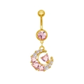 Gold belly button ring with pink heart gems on a crescent moon pendant variant - Pink Heart Crescent Moon Style (24062502-6)