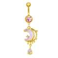 Piercing nombril lune plaqué or avec zircon rose et pendentif en opale lavande - Style Croissant Goutte Mauve Clair (24062502-10)