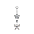 Zilveren navelpiercing met vlinderhanger en zirkoon bloemontwerp in gepolijste afwerking - Bloem Vlinder Zirkonia Stijl (24080301-2)