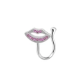 Silver non-piercing U-shaped nose cuff featuring a pink rhinestone lip design decoration - Silver Lips Style (NC24091301-4)