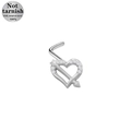 L-shaped 316L surgical steel nose stud with zircon-encrusted heart and arrow design - Silver Arrow Through Heart Style (24081503-3)