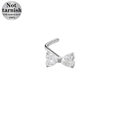 L-shaped nose stud in 316L surgical steel with sparkly crystal butterfly zircon - Silver Bowtie Style (24081503-5)