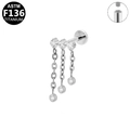 Detail of G23 titanium labret stud featuring triple zircons and hanging chains macro view - Multi-Stone Tassel Chain Style-Silver (G23LAP518)