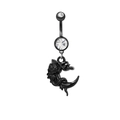 Gothic black crescent moon belly ring with dual clear zircon stones on curved bar - Black Crescent Moon Dragon Style (BR24090501-2)