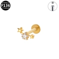 Golden F136 titanium labret stud with triple star zircon cluster and internal threading - Star Style Gold (G23LAI085-G)