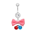 Pink ribbon bow belly button ring with crystal and blue and red bell charms - Two-Tone Bell Pink (24092801-5)