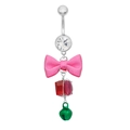 Pink ribbon bow navel ring with red crystal stone and green bell charm jewelry - Red Gem Green Bell (24092801-6)