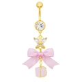 Golden belly button ring featuring a pink silk bow and sparkling butterfly pendant - Butterfly Pink Gem (24092801-7)