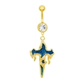 Golden belly ring with crystal zircon and a gothic blue fluid cross pendant - Gold Blue Enamel Liquid Cross Style (BR25031703-2)