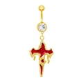 Golden flame cross belly ring with vibrant red enamel and clear zircon stones - Gold Red Enamel Lava Cross Style (BR25031703-1)