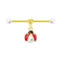 Golden industrial barbell ear piercing with white pearls and a cute red ladybug pendant - Gold Ladybug Artificial Pearl Style (ZN24102403-1)