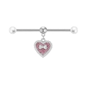 Silver industrial barbell with pink heart pendant, bow detail and pearl border - Pink Rhinestone Heart Bow Style (ZN24102403-2)