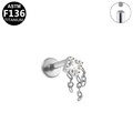 ASTM F136 titanium labret piercing with square zircon stud and dangling triple chains - Silver