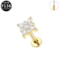Piercing labret de flor en titanio G23 dorado con circonitas y rosca interna ASTM F136 - Estilo de Flor de Cuatro Pétalos Dorada (G23LAP190-G1208)