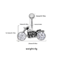 Silver motorcycle belly ring with white zircon wheels and detailed size dimensions - White