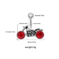Detail of silver motorcycle navel ring featuring dimensions and red rhinestone wheels - Red