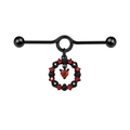 Industrial barbell earring in black metal with a red heart gem and crystal pendant - Wreath Heart Style (IN241222702-2)