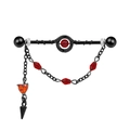 Industrial barbell with black chains, red beads, and orange heart pendant charm - Chain Red Beads Style (IN241222702-3)