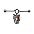 Industrial barbell piercing in black finish with a red heart gem and hanging chains - Tassel Heart Style (IN241222702-4)