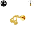Gouden kersvormige labret piercing van ASTM F136 titanium met bladeren en platte basis - Kers Stijl (G23LAP224-G) / Goud