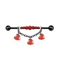 Industrial piercing barbell in black steel with red rubies and heart charms on a chain - Red Heart Chain Pendant (IN24122801-2)