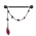 Black industrial barbell with gunmetal chain and faceted red crystal stone pendant - Red Stone Teardrop Chain (IN24122801-4)