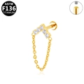 ASTM F136 titanium gold labret stud with five zircons and a delicate chain dangle - V-Shape Five-Stone Chain Style (G23LAI385-G) / Gold