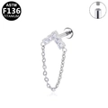 Titanium F136 internally threaded lip stud with V-shaped zircons and chain tassel - V-Shape Five-Stone Chain Style (G23LAI385-S) / Silver