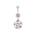 Silver belly button ring featuring a pink zircon and hollow star-shaped pendant - Pentagram Pink Rhinestone (BR24122503-5)