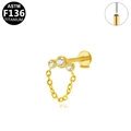 Gold titanium labret stud with three round zircons and dangling chain detail - Triple Rhinestone Chain Style (G23LAP522-G)