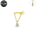 Gold G23 titanium labret stud with teardrop zircon and chain link detail - Gold Curved Bar Chain Tear (G23LAP498-G1208118)