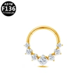 Golden ASTM F136 titanium nose ring hoop set with seven sparkling square zircons - 1.2mm Gauge/8mm Inner Diameter / Gold V-Shape Square Rhinestones-8mm (G23NR533-G1208)