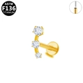 ASTM F136 titanium earring with three curved white zircons and internal thread in gold - Three-stone Curved Style-Gold (G23LAP217-G)