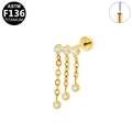Golden ASTM F136 titanium labret with triple zircon cluster and hanging chain tassels - Multi-Stone Tassel Chain Style-Gold (G23LAP518)