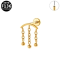 Golden F136 titanium labret earring with triple chain tassel and ball pendants - Arc Beam Bead Tassel Style-Gold (G23LAP519)