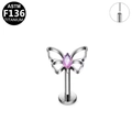 ASTM F136 titanium labret stud met paarse marquise vlinder top en platte achterkant - Zilver Roze Steen Vlinder Ontwerp (G23LAP514-SP1208120)