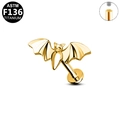 Golden bat shaped labret stud in ASTM F136 titanium with flat back internal threading - Bat Style (G23LAI391-G1208100) / Gold
