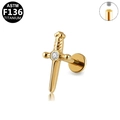 G23 Titanium sword-shaped flat back labret stud with gold finish and white zircon - Dagger Style (G23LAI395-G1208115)