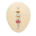 Detail of stainless steel belly ring with red rose pendant and round cubic zirconia - Large Red Rose (BR25022701-5)