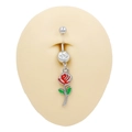 Stainless steel belly button ring with red rose pendant and clear zircon stone - Small Rose with Green Leaves (BR25022701-6)