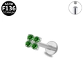 G23 titanium labret stud with internal thread and square green cubic zirconia crystals - Green 4-Gem Flower Style (G23LAI216-SGR1208056)