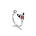 Gothic bat wing skull piercing ring with a vibrant red heart-shaped gemstone - Silver Skeleton Bat Red Heart Style (LA25020801-4)