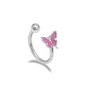 Silver U-shaped piercing ring featuring a pink glitter butterfly with enamel finish - Pink Butterfly Style (LA25021101-1)
