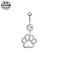 Silver 316L surgical steel belly ring with white zircon and hollow dog paw pendant - Paw Print Design (BR25030401-2)