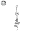 Silver 316L surgical steel belly ring featuring a detailed rose pendant and clear zircon - Rose Design (BR25030401-6)